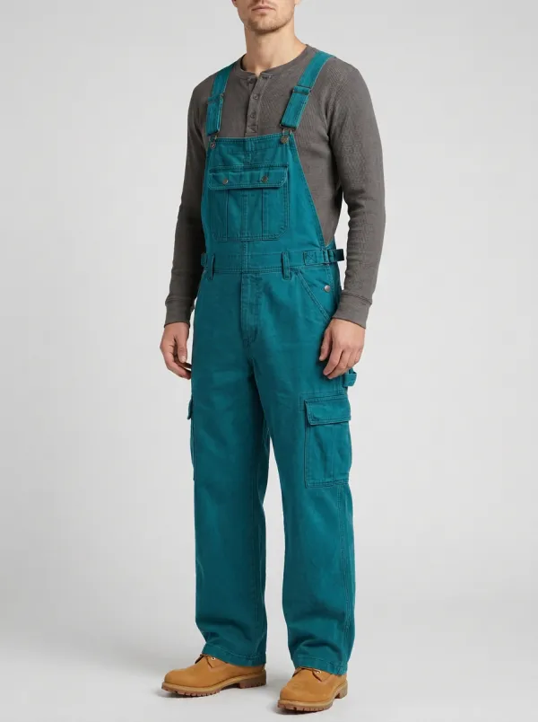 Men's Olive Green Workwear Cargo Bib Overalls with Chest Pocket