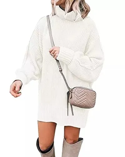 Women Fashion Sweater Short Dress Long Sleeve Turtleneck Oversized Fall Winter Soft Chunky Knit Pullover Sweaters