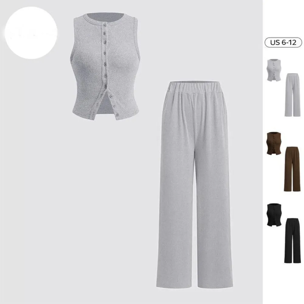 Women'S Knit Button Vest & Pants Set