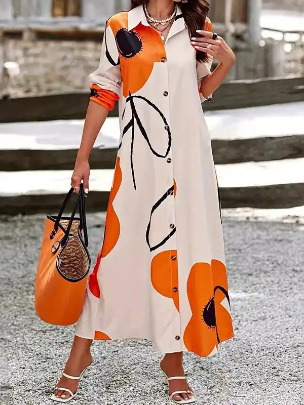 Floral Printed Long Shirt Maxi Dress