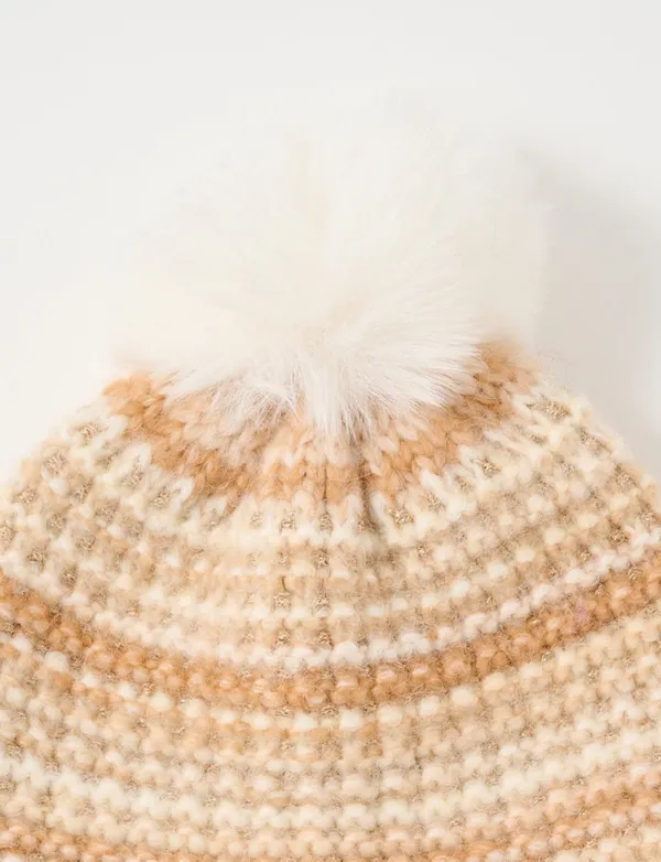 Fashionable Contrast Ribbed White Pom-Pom Hat