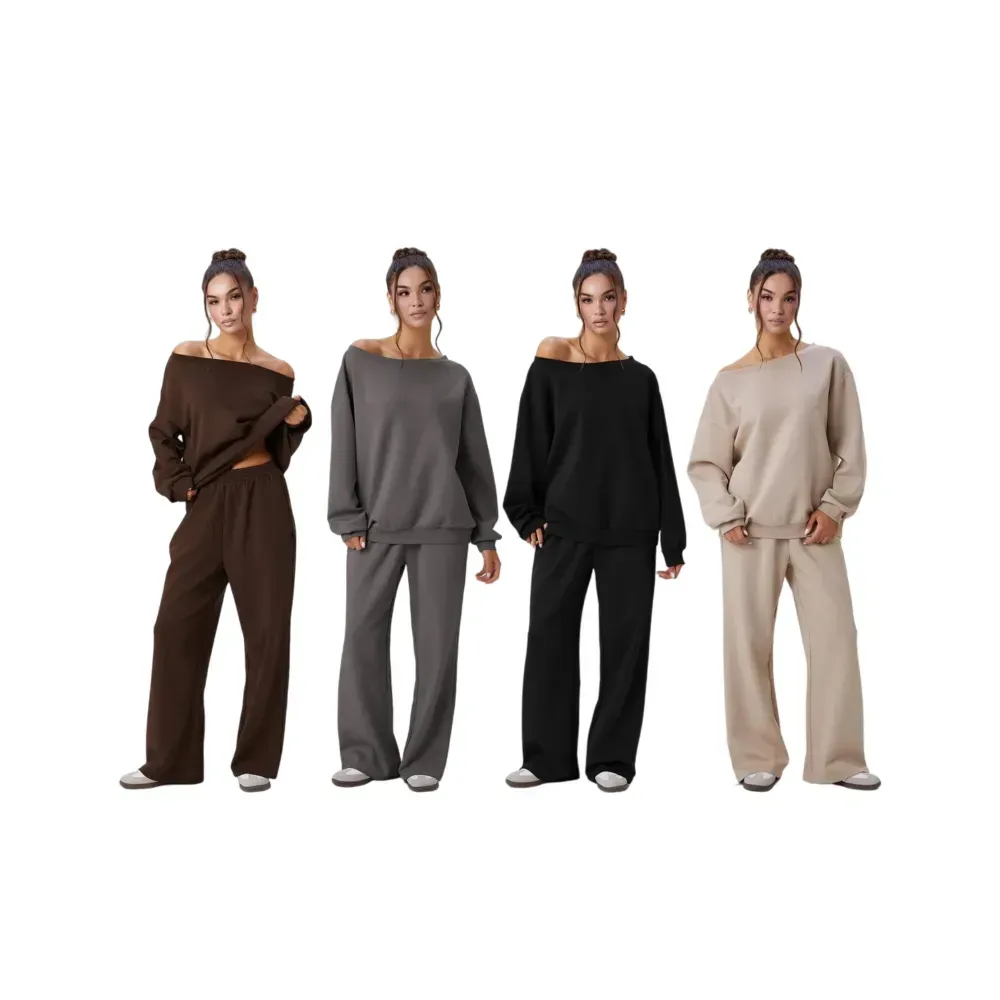 🔥Last Day 89% OFF🔥Women's Leisure Solid Color Sloping Shoulder Long Sleeve Top & Wide Leg Trousers Co-ord