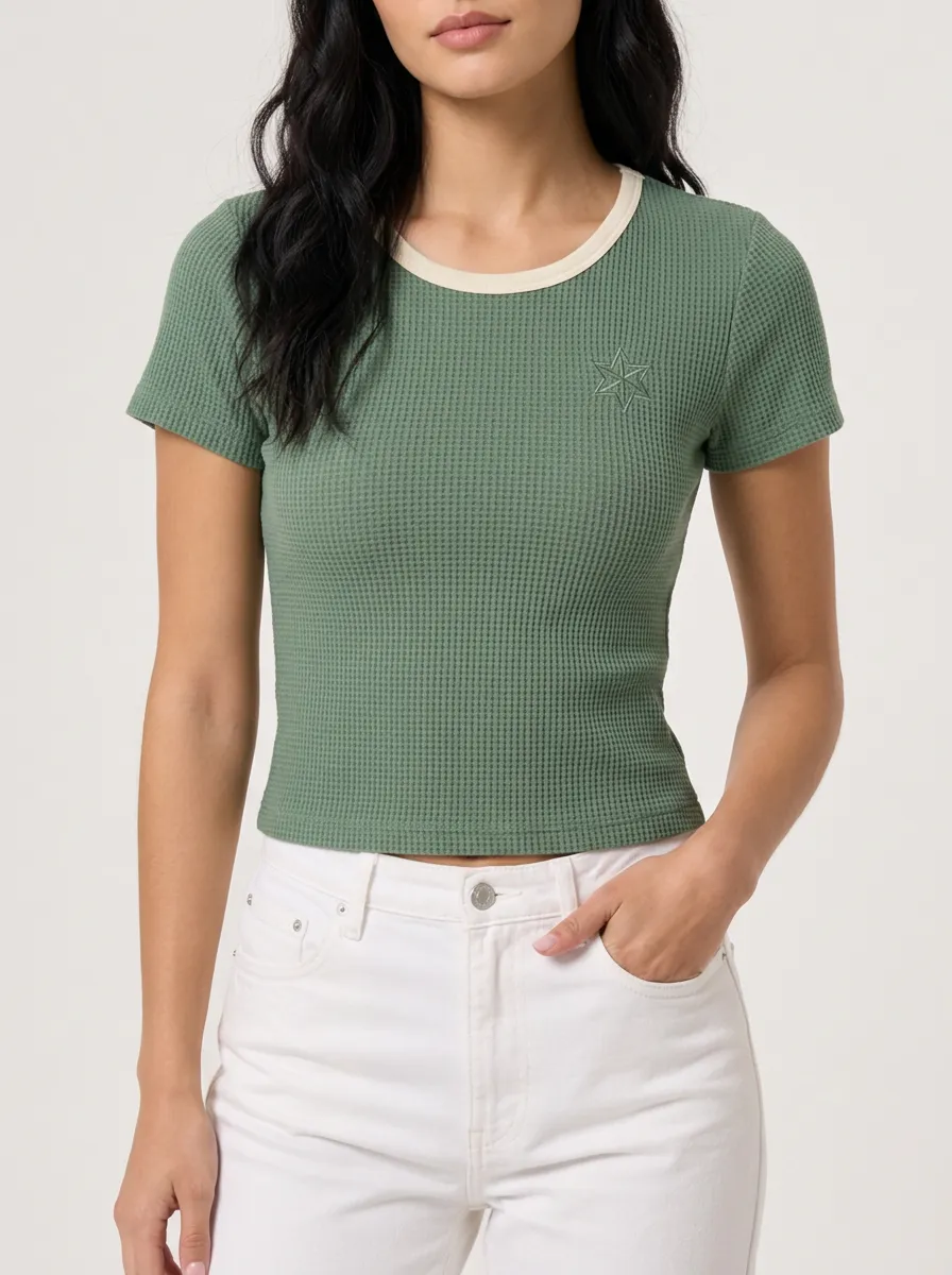 Women's Star Graphic Waffle Knit Embroidered Crop Top