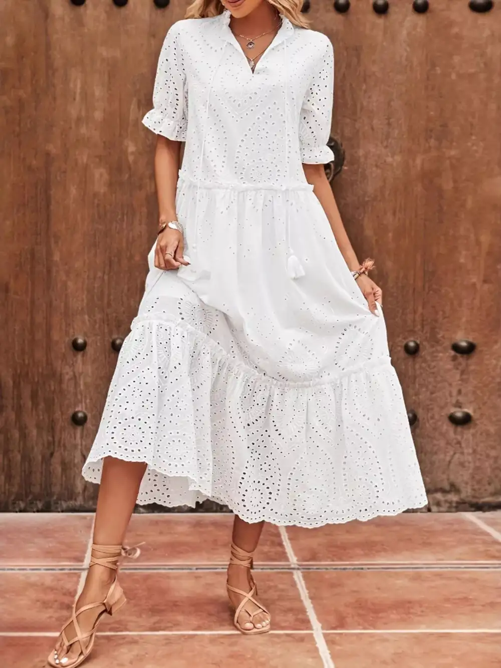 Eyelet Short Sleeve Midi Dress