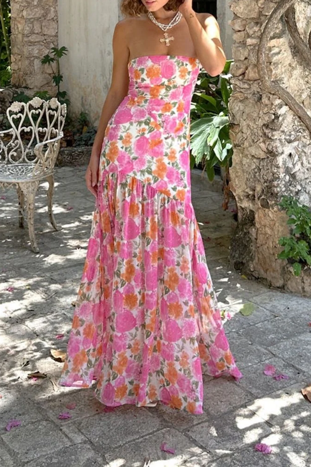 Strapless Drop Waist Pink Floral Maxi Dress