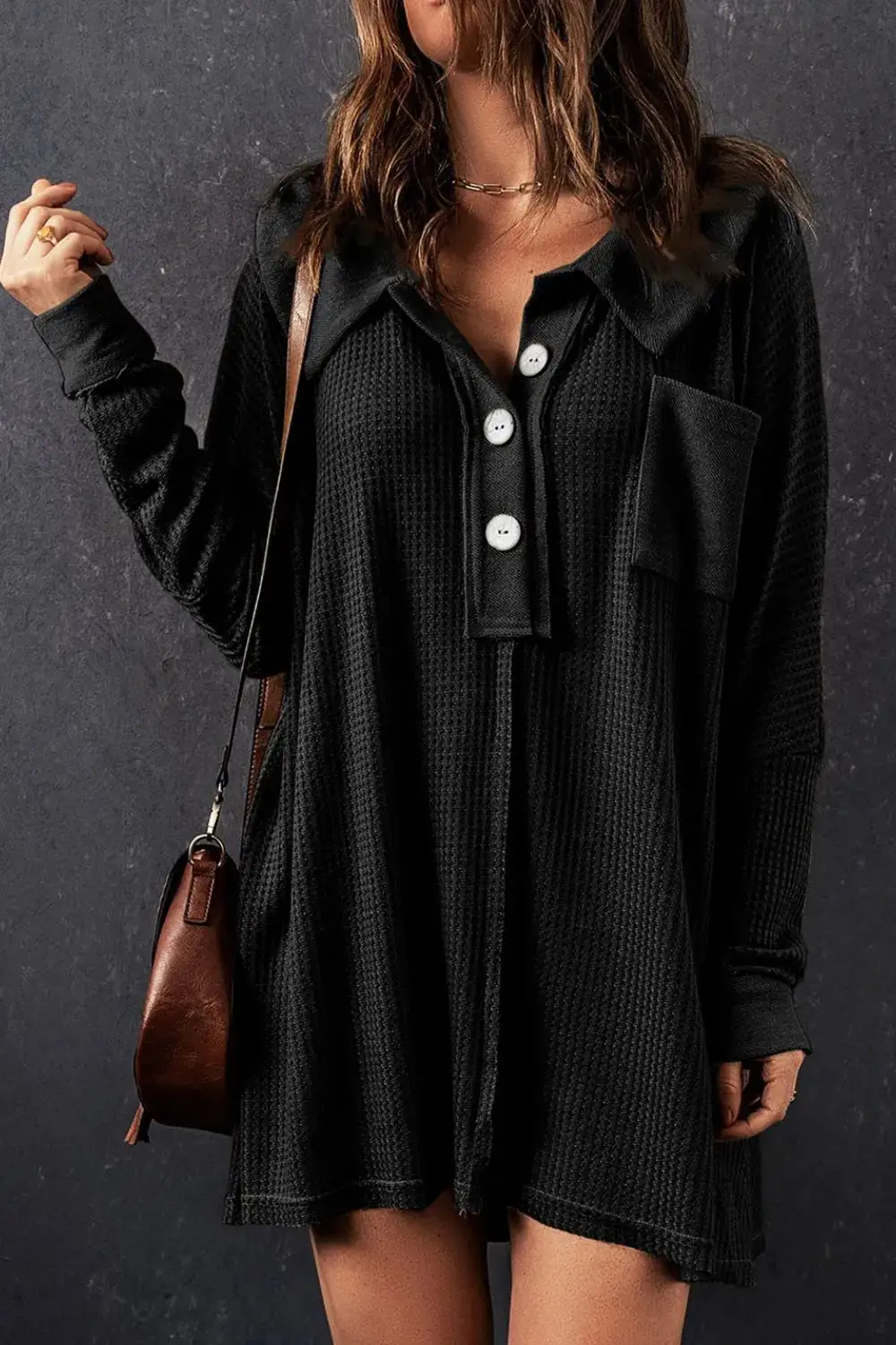 Knit Waffle Button Front Sweater Dress