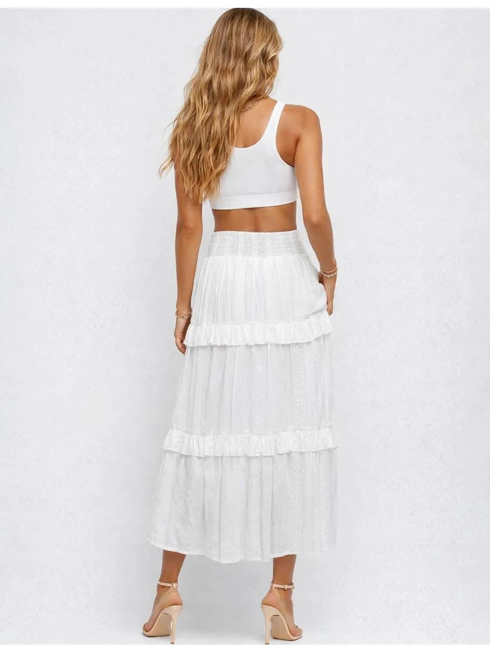 Tiered Rufflesmocked Waist Midi Skirt