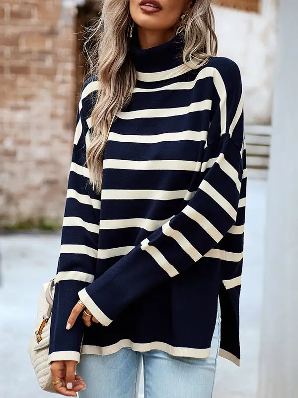 Striped Split Hem High Neck Long Sleeve Relaxed Fit Pullover Sweater
