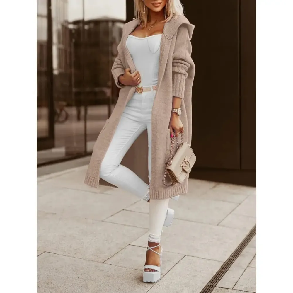 Women's Long Cardigans Cable Knitted Open Front Oversized Hooded Outerwear Sweater Coat