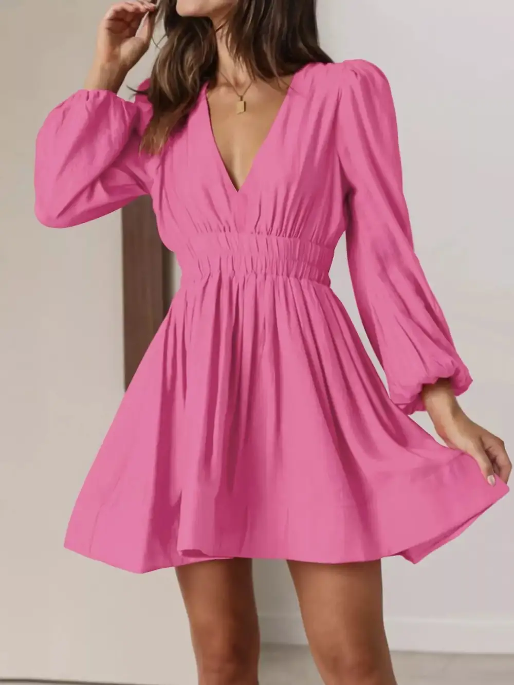 V Neck Long Sleeve Mini Dress