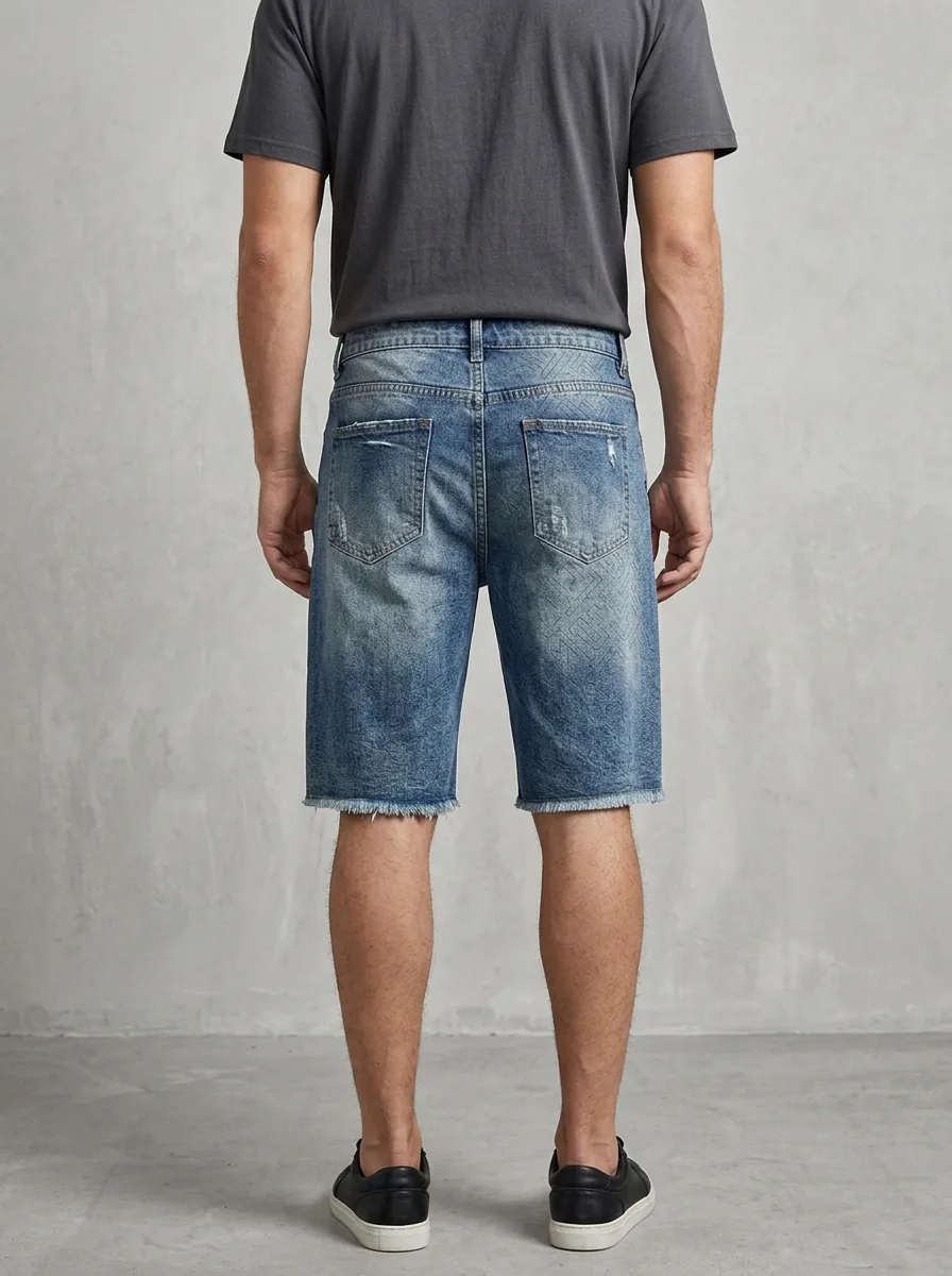 Storage-Ready Distressed Raw Hem Casual Look Men's Distressed Raw Hem Denim Shorts