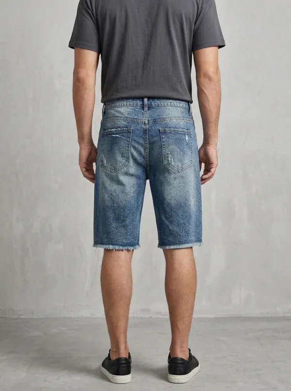 Storage-Ready Distressed Raw Hem Casual Look Men's Distressed Raw Hem Denim Shorts