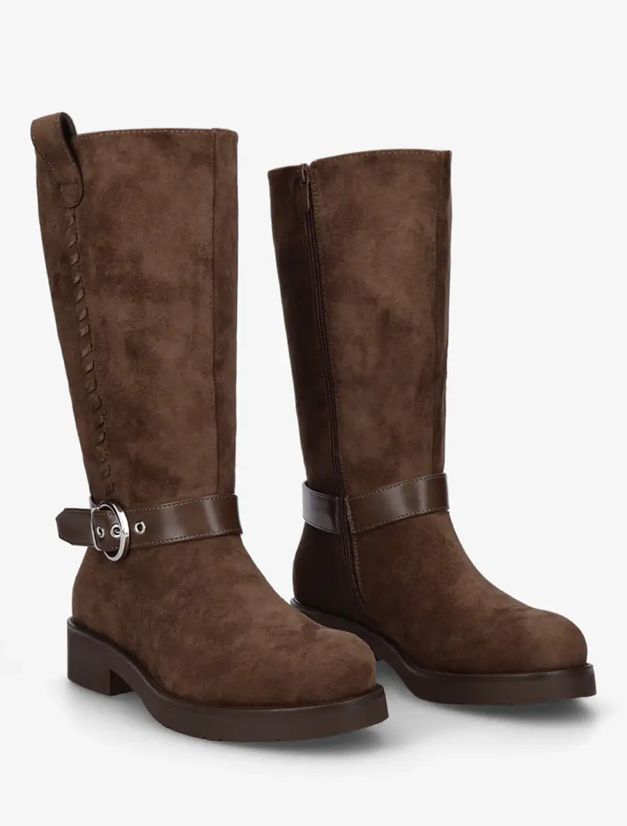 Modern Strap Detail Block Heel Faux Suede Knee High Boots