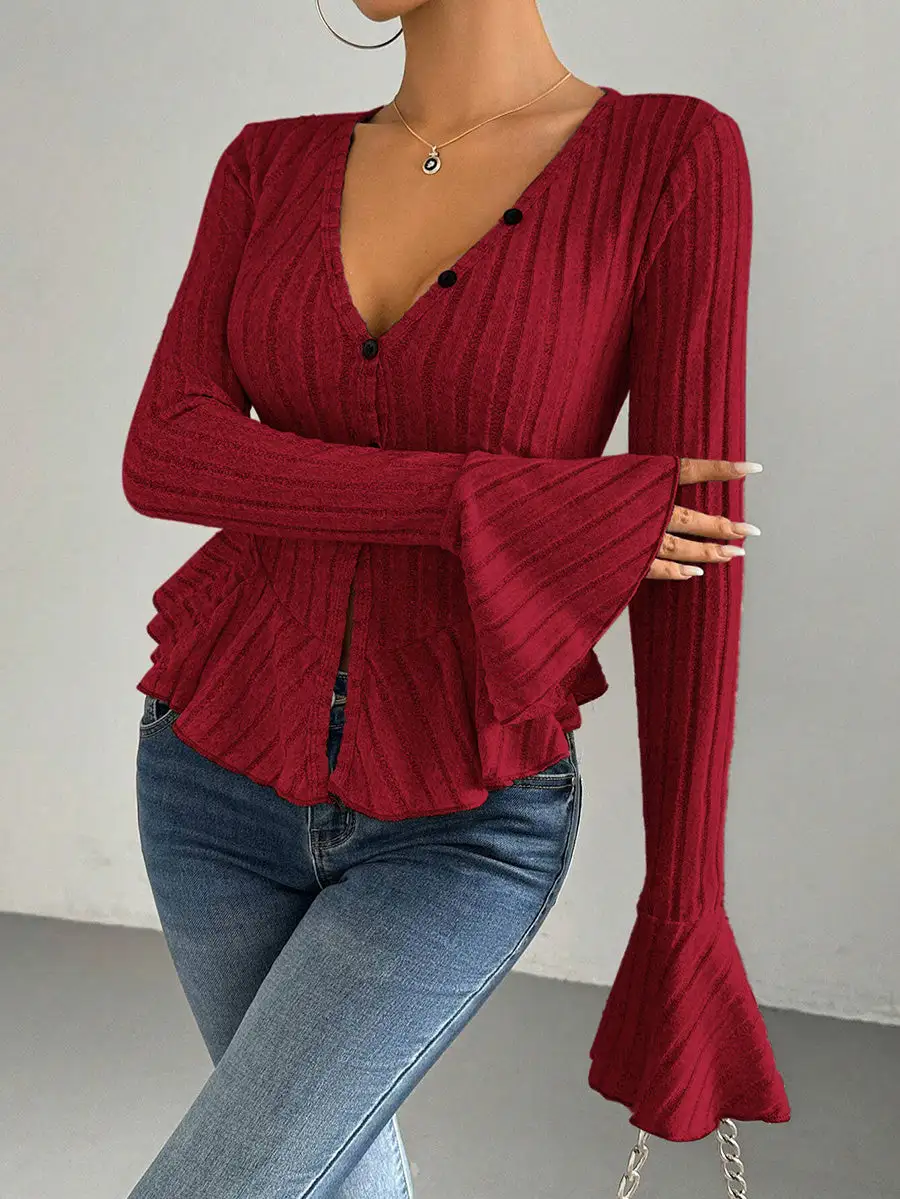 Flared Sleeve Long Sleeve Button Detail Ruffle Panel Detail Deep V-Neck T-Shirt