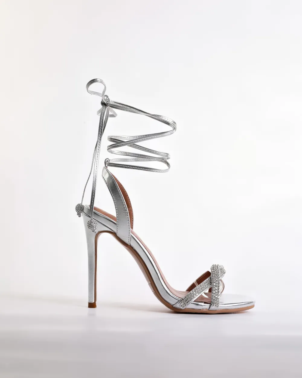 Rhinestone Lace Up Sandals in Silver