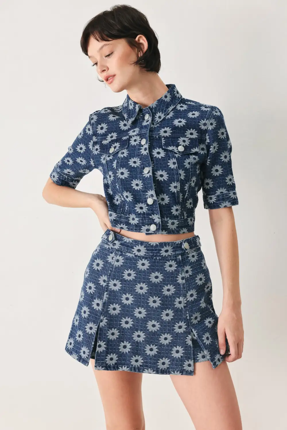 Denim Floral Print Tailored Skort
