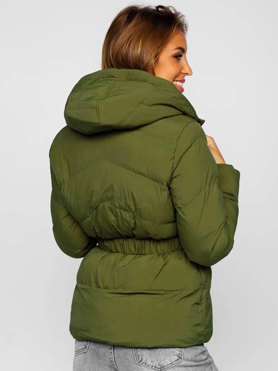 Khaki women's quilted winter jacket with hood