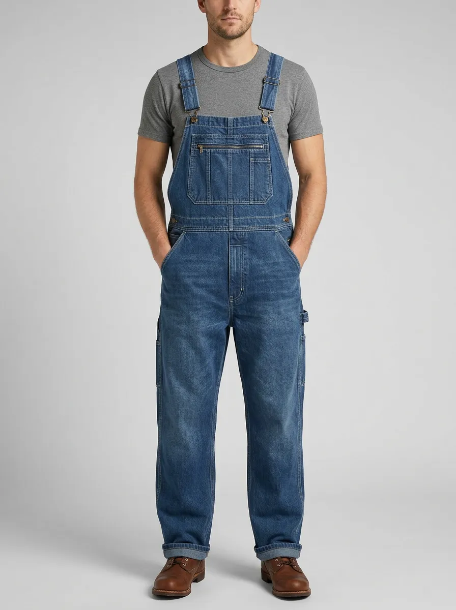 Men's Vintage Blue Denim Relaxed-Fit Bib Overalls
