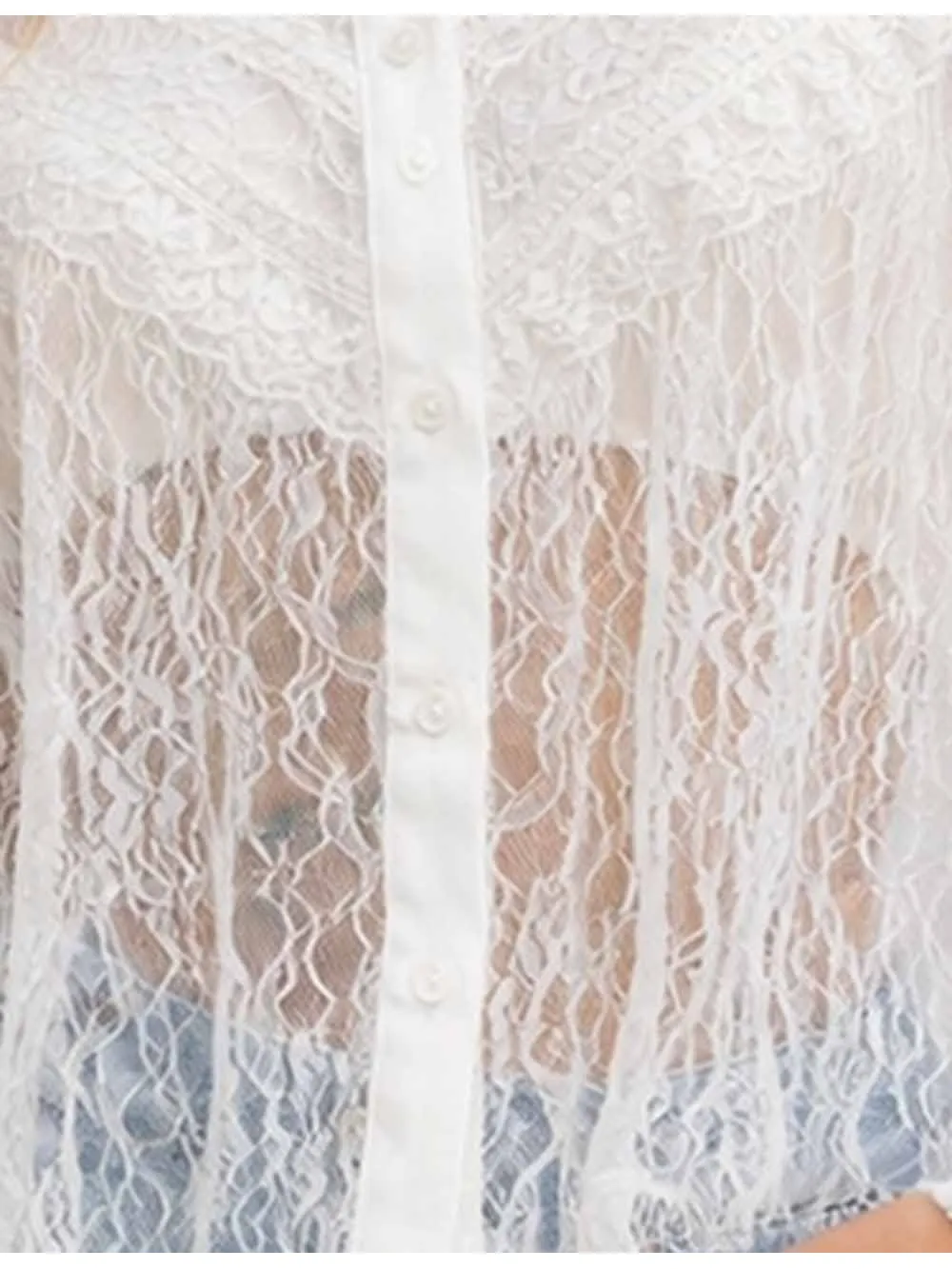 Sheer Lace Round Neck Button Long Sleeves Boho Blouse