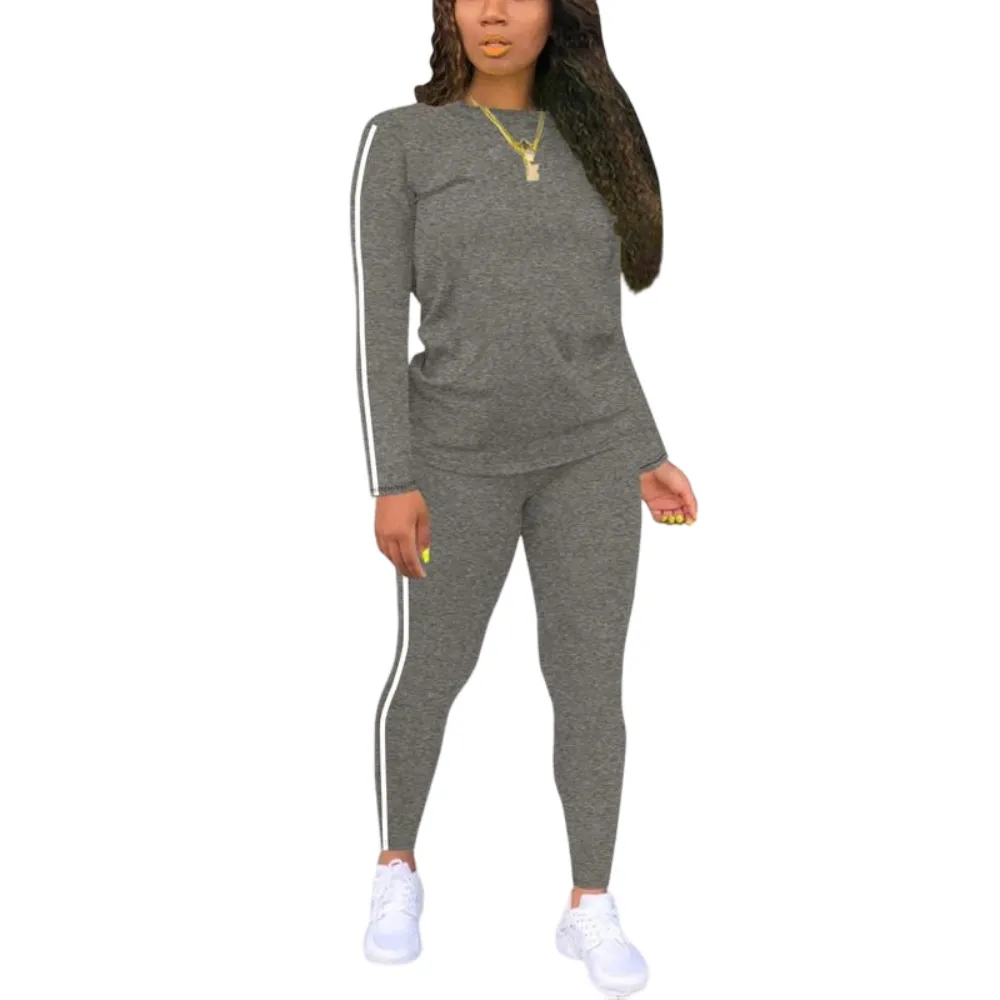 Women's Striped Print Long Sleeve Top & Pants Two-piece Set
