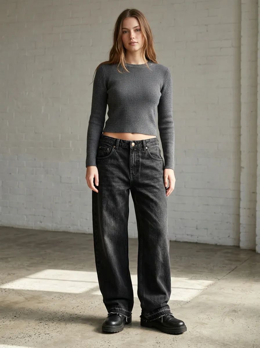 Women's Casual Streetwear Washed Black Wide Leg Denim Pants