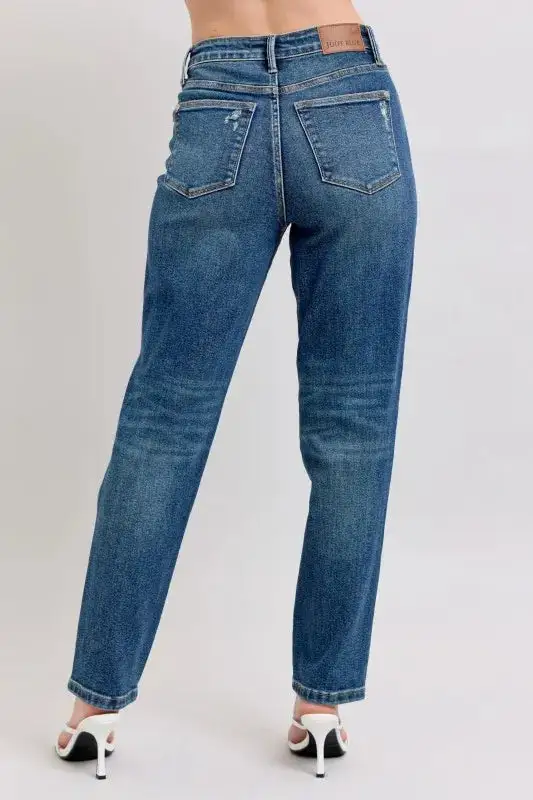 High-Waist Cropped Distressed Washed Straight Leg Jeans