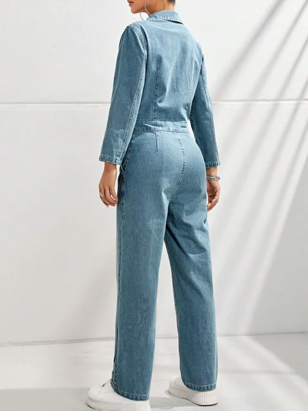 Half Button Long Sleeve Straight Leg Denim Pants
