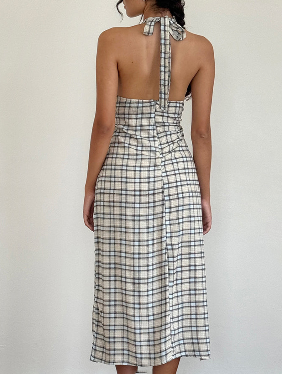 Halterneck Midi Dress In Pastel Blue Tartan