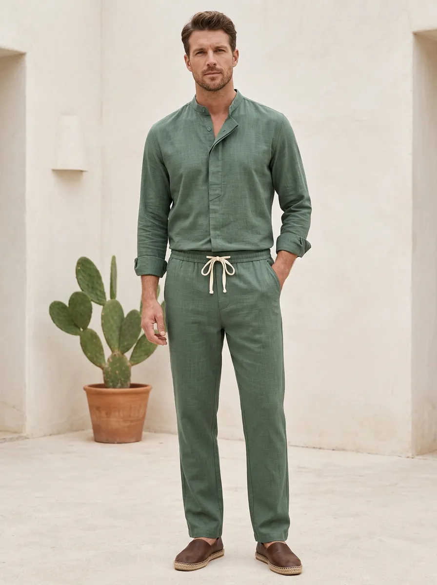 Active Mandarin Collar Drawstring Detail Men's Mandarin Collar Shirt And Drawstring Pants Set