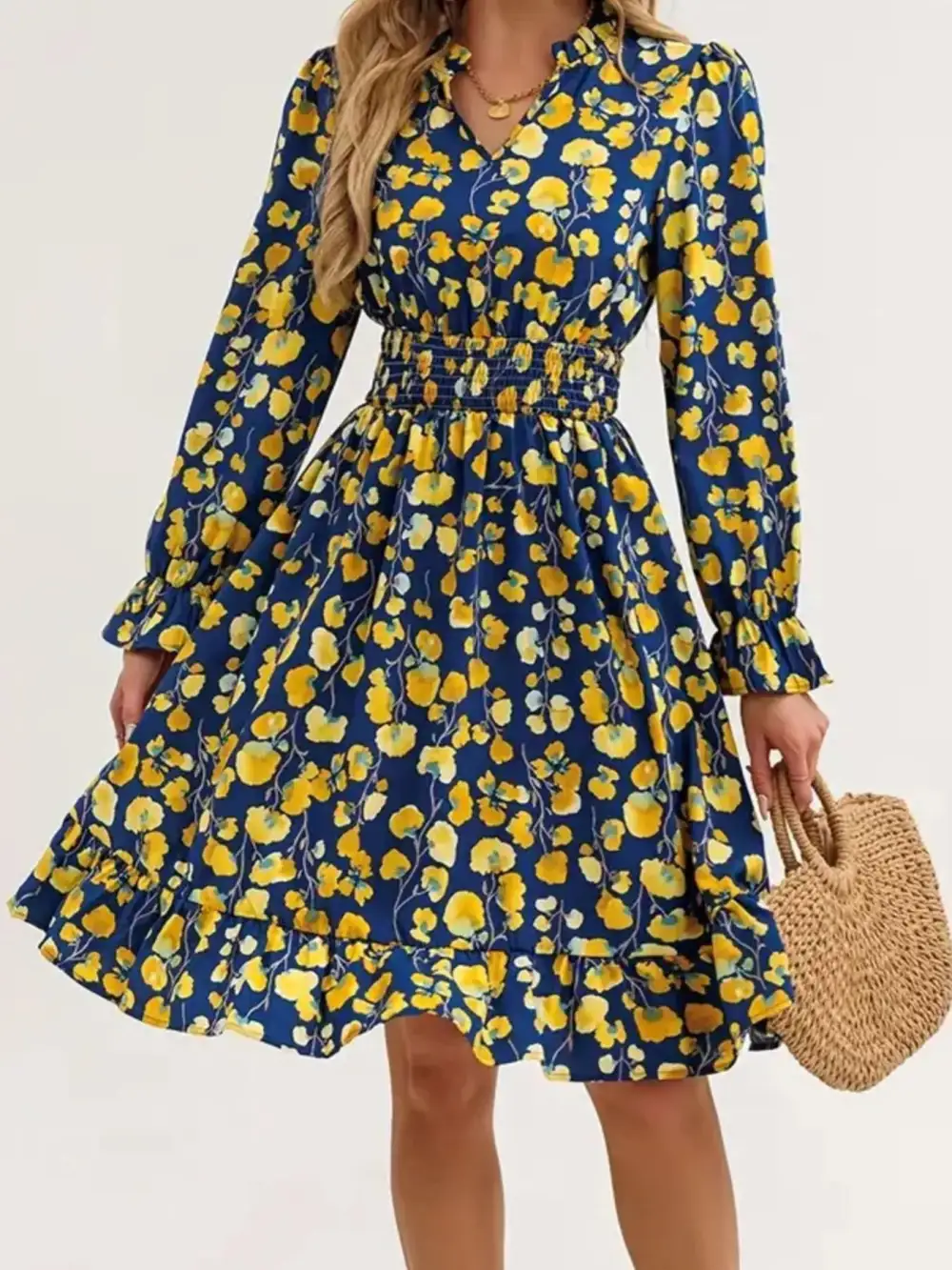 Layered Detail Floral Printed Ruffle Dress