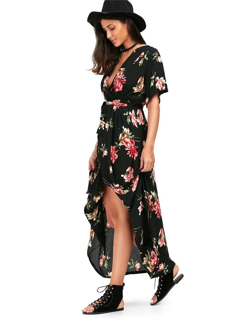 Floral Print V Neck Split Belted Beach Maxi Dress