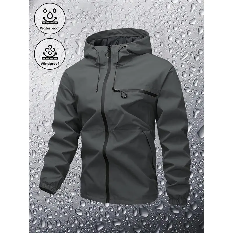 Men's Plain Waterproof Windproof Drawstring Zip Up Hooded Jacket, Casual Long Sleeve Zipper Pocket Design Outerwear for Outdoor Activities, Men's Clothes for All Seasons, Menswear m 65 jacket Stripe Print Baseball Bomber Jacket