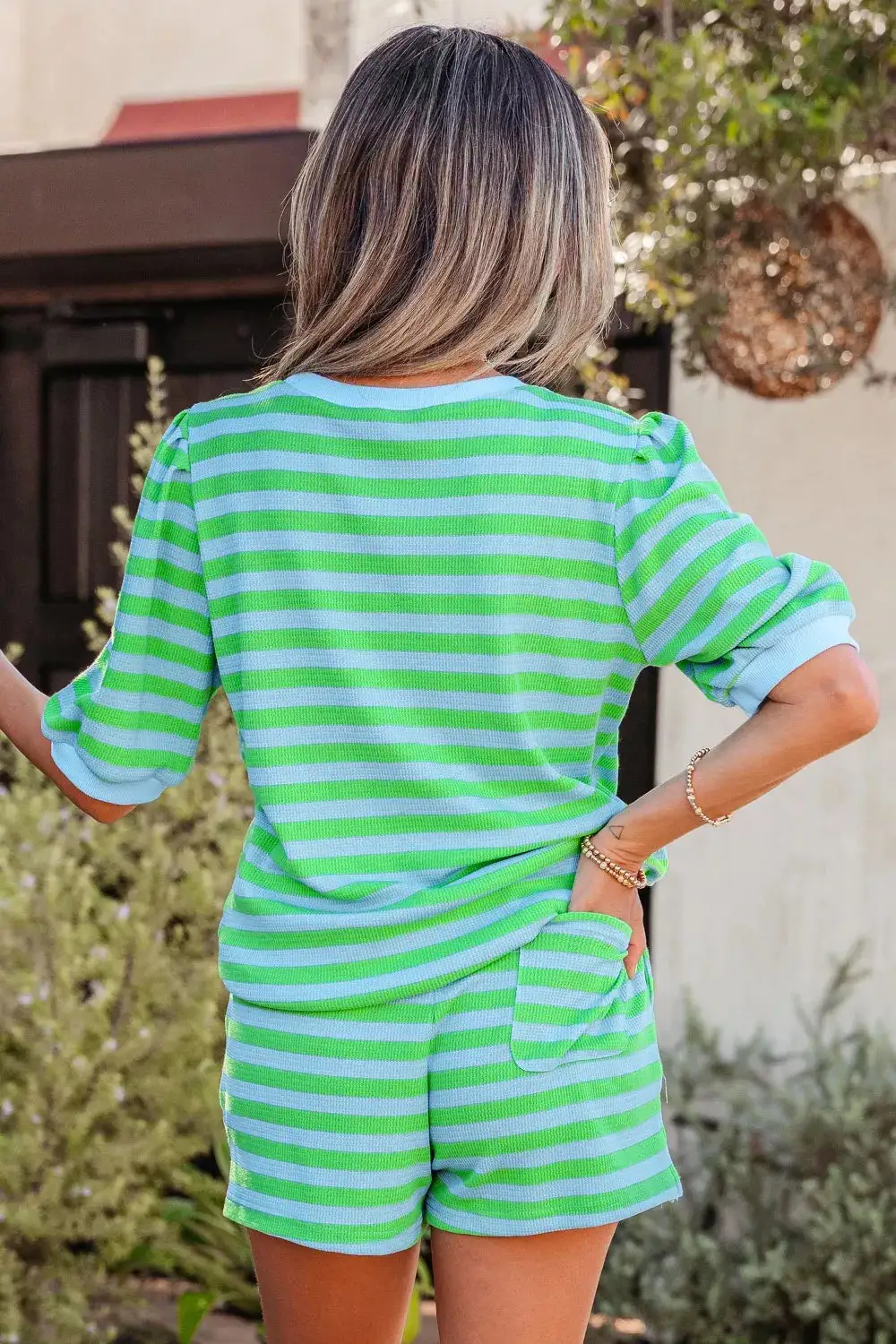 Drawstring Pocketed Striped Colorblock Two-Piece Top and Shorts Set