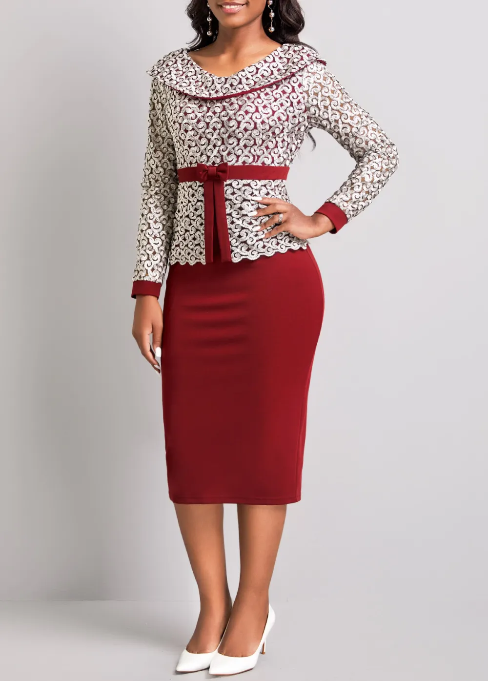Wine Red V Neck Embroidered Bodycon Dress
