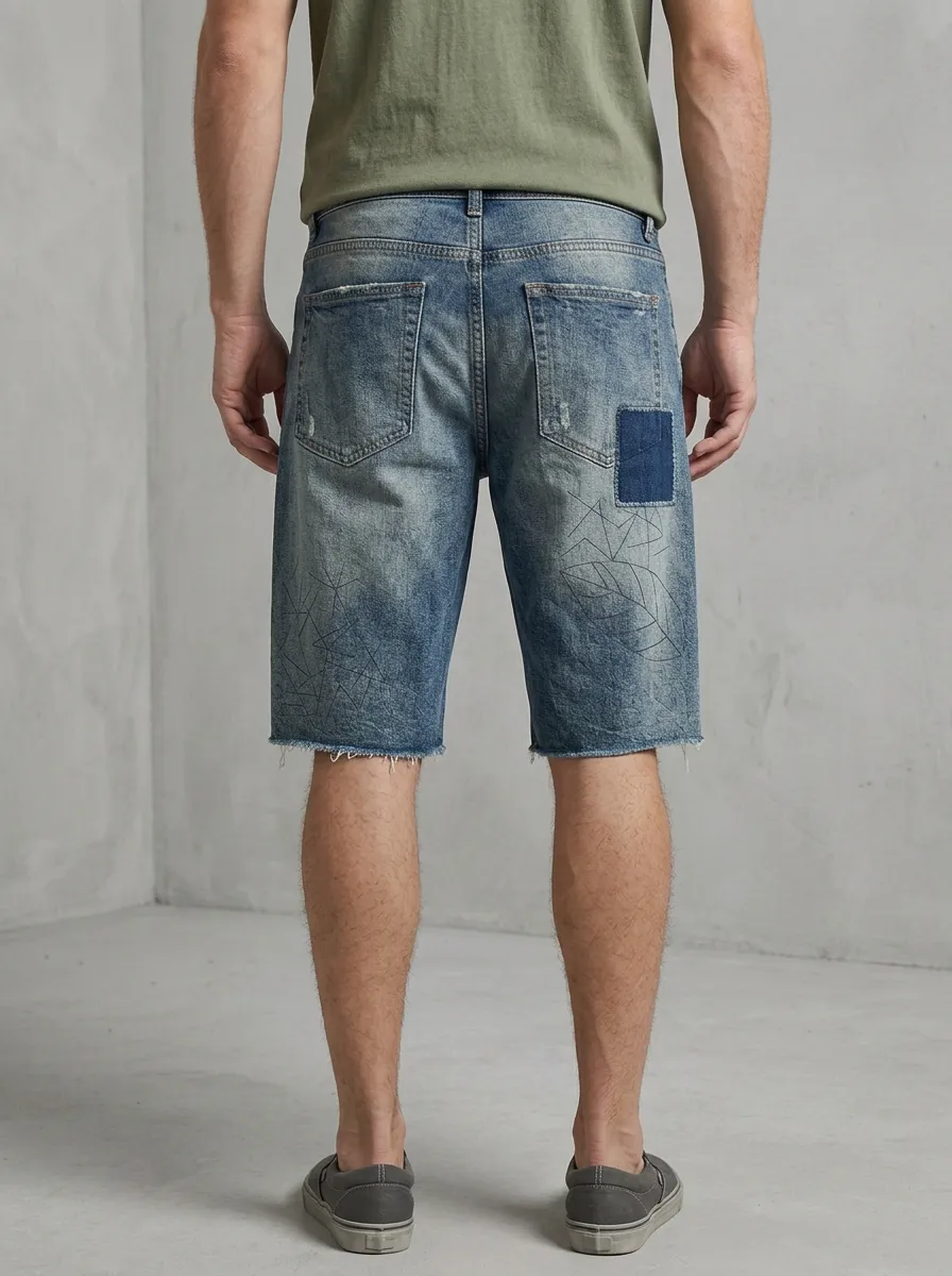 Men's Patchwork Geometric Distressed Raw Hem Distressed Denim Shorts