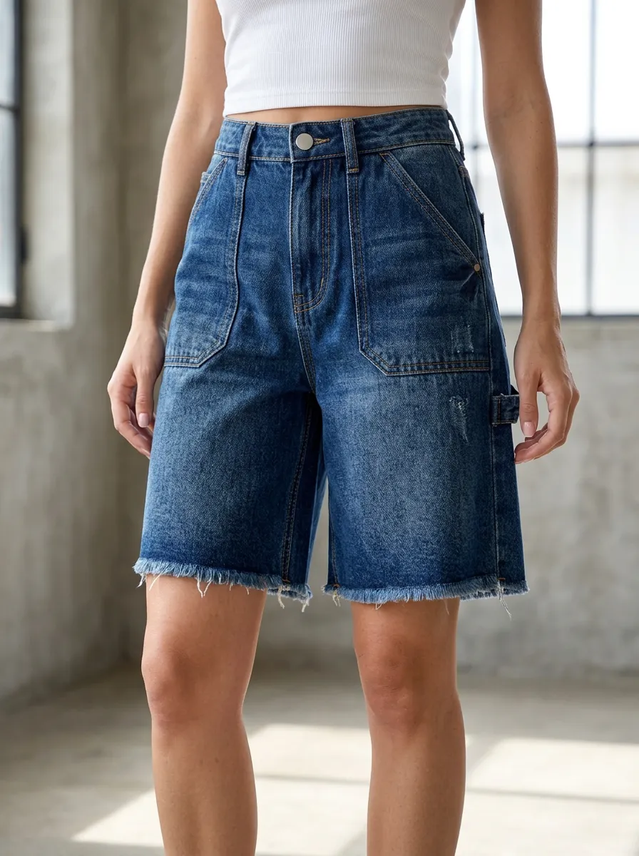 Women's High-Waisted Distressed Raw Hem Denim Bermuda Shorts