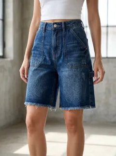 Women's High-Waisted Distressed Raw Hem Denim Bermuda Shorts