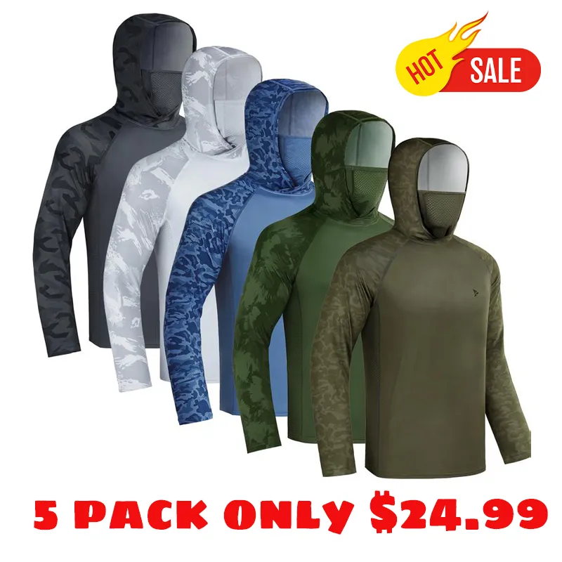 Men UPF 50+ UV Sun Hoodie Shirts with Mask Neck Gaiter  Protection Raglan Long Sleeve Lightweight Quick Dry Moisture Wicking Breathable Cooling Athletic Activewear