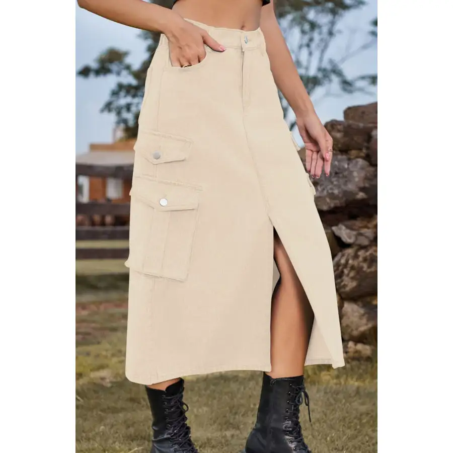 Slit Front Midi Denim Skirt with Pockets