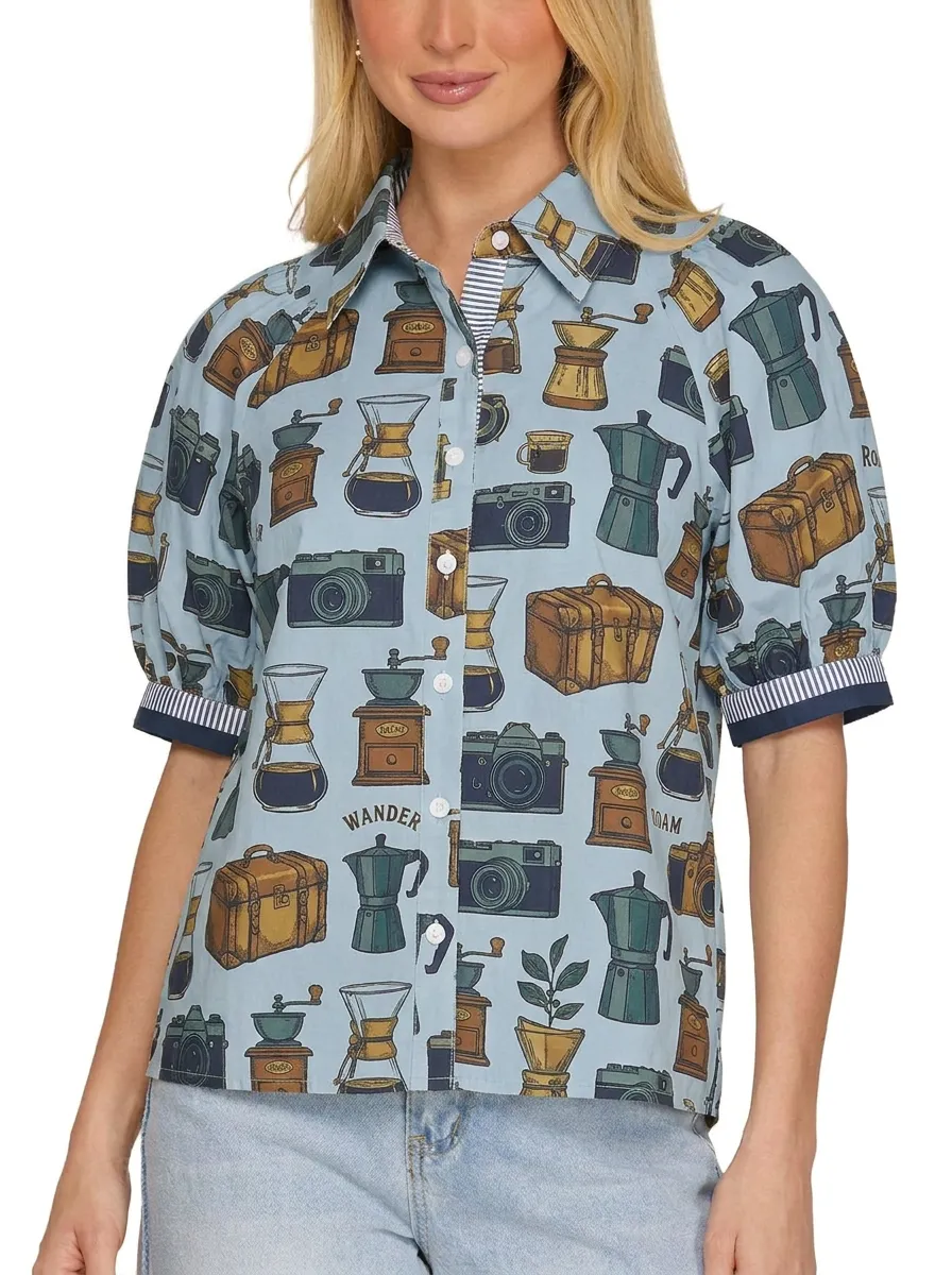 Women's Travel Coffee Camera Lover Printed Button-up Shirt