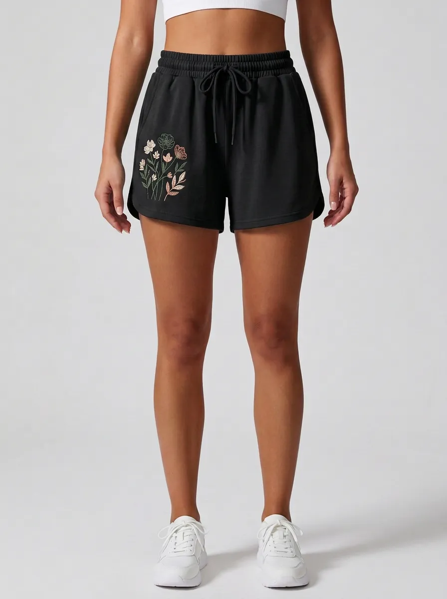 Women's Curved-Hem Floral-Embroidered Lounge Shorts