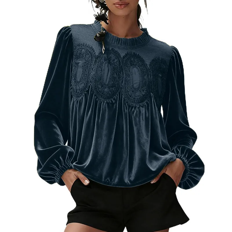 Women'S Long Sleeve Velvet Trim Lace Blouse Elegant Flared Swing Top