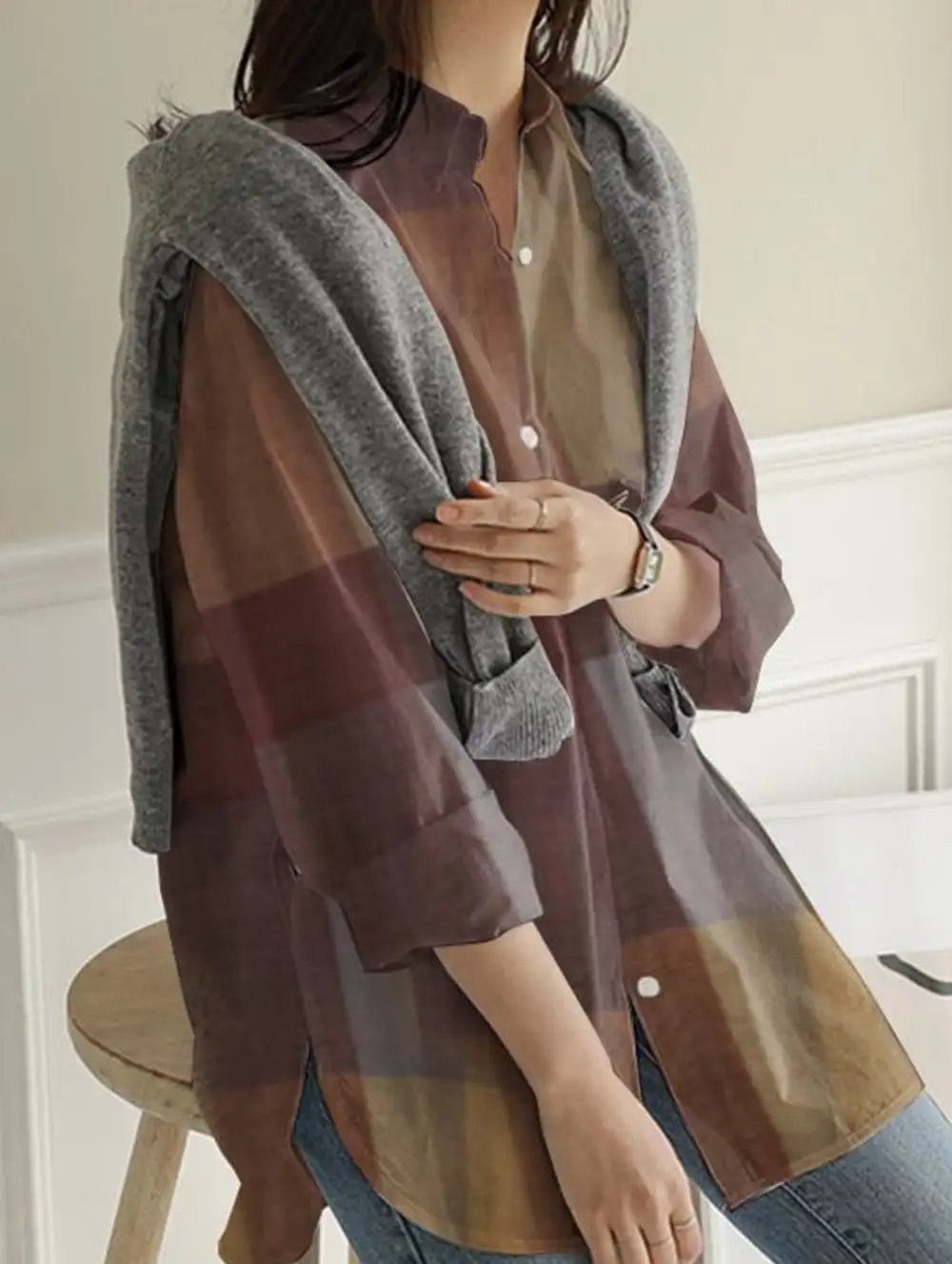 Long-Sleeved Plaid Irregular Shirt