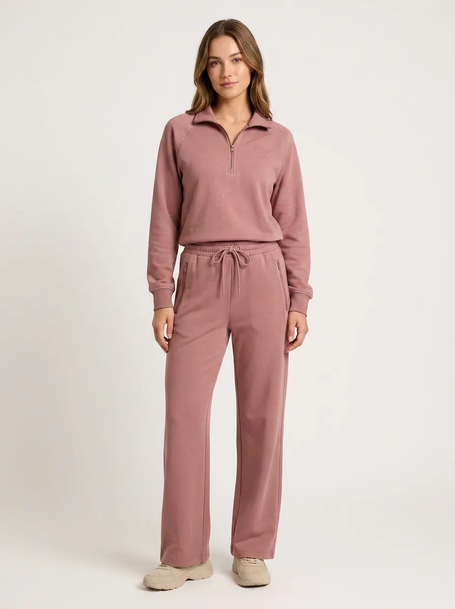 Women's Casual Dusty Rose Quarter-Zip Pullover Wide-Leg Lounge Set