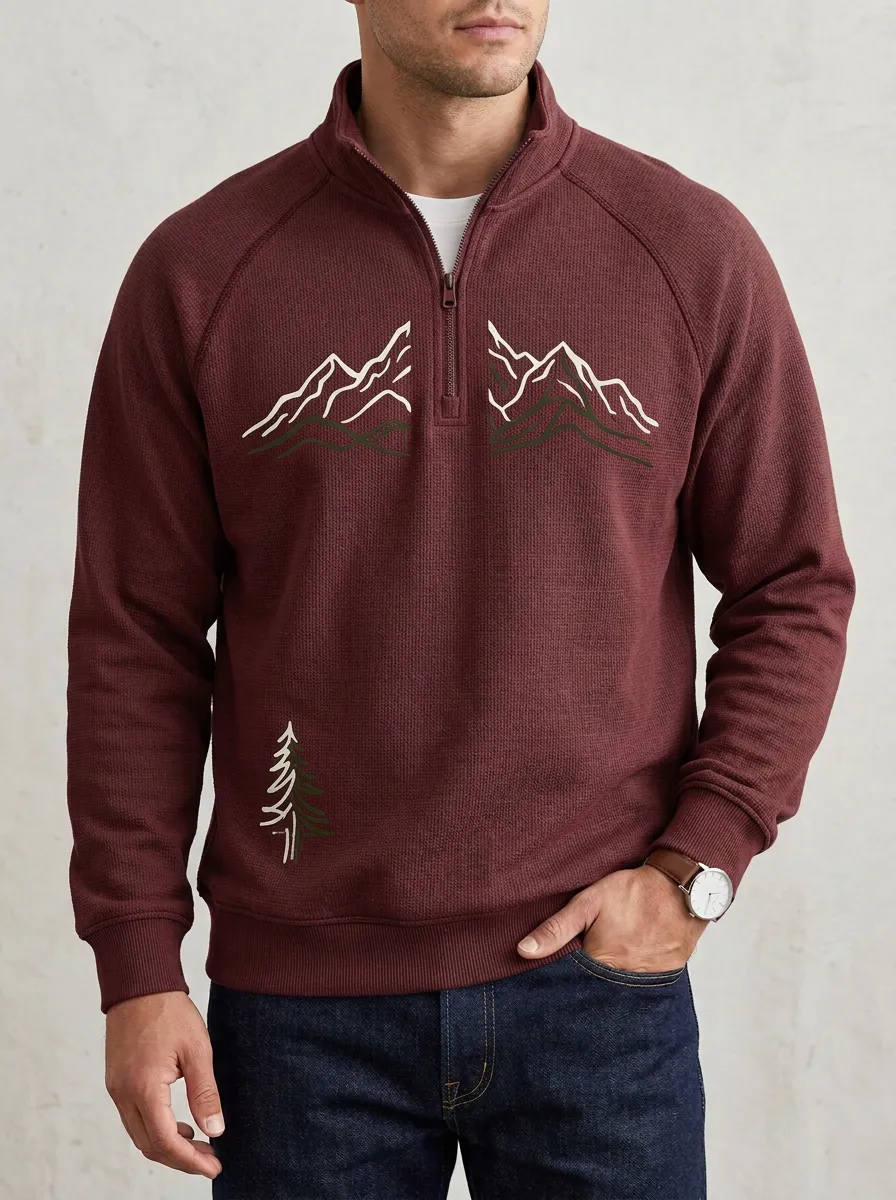 Men's Nature Mountain Pine Tree Graphic Quarter-Zip-Neck Sweatshirt