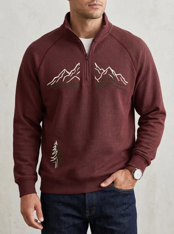 Men's Nature Mountain Pine Tree Graphic Quarter-Zip-Neck Sweatshirt