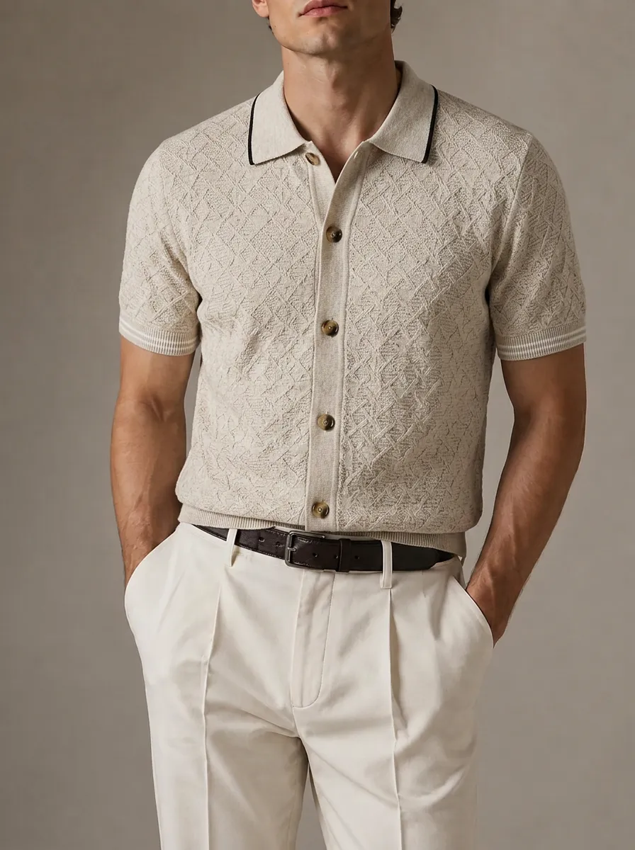 Men's Vintage Geometric Textured Knitted Button Polo Shirt