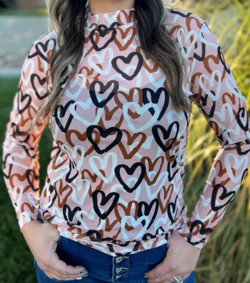 Heart Graphic Collage Mesh Top