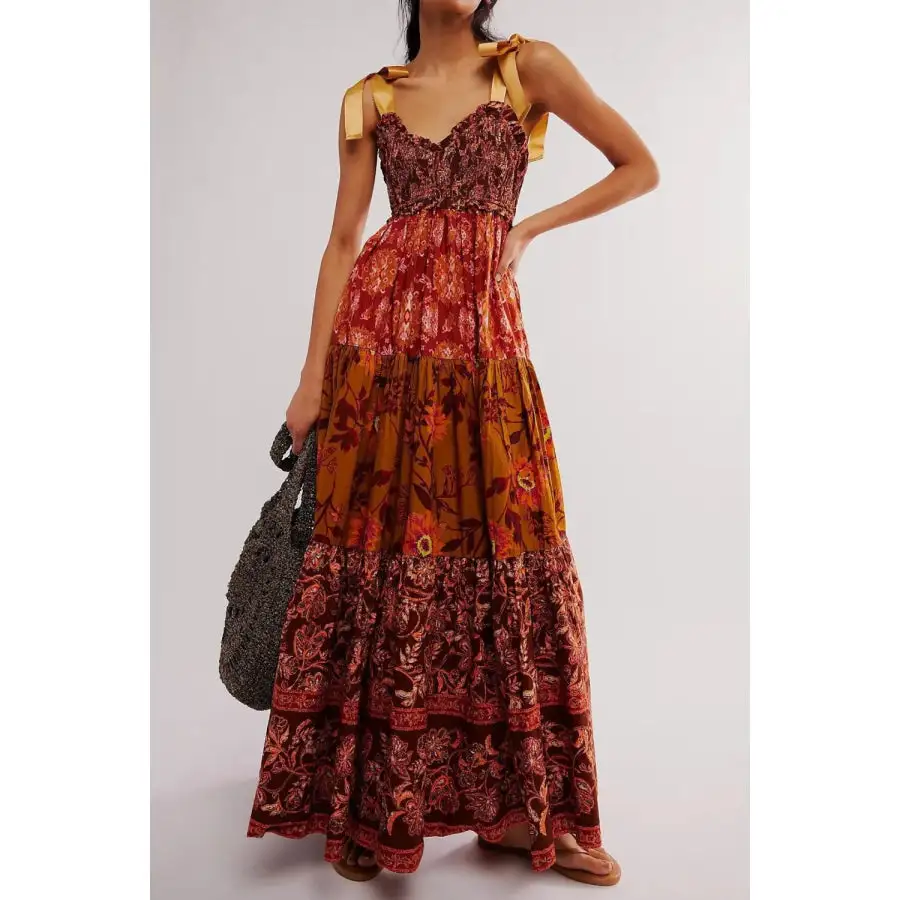 Floral Tiered Maxi Dress with Mixed Print Design