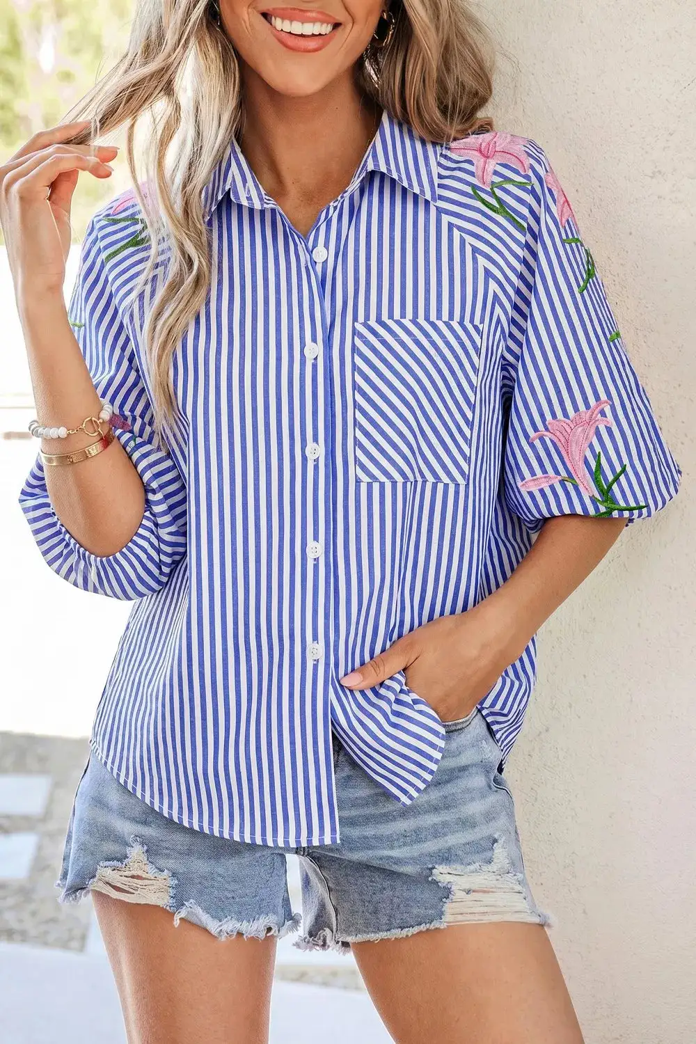 Striped Embroidered Puff Sleeve Button Down Shirt